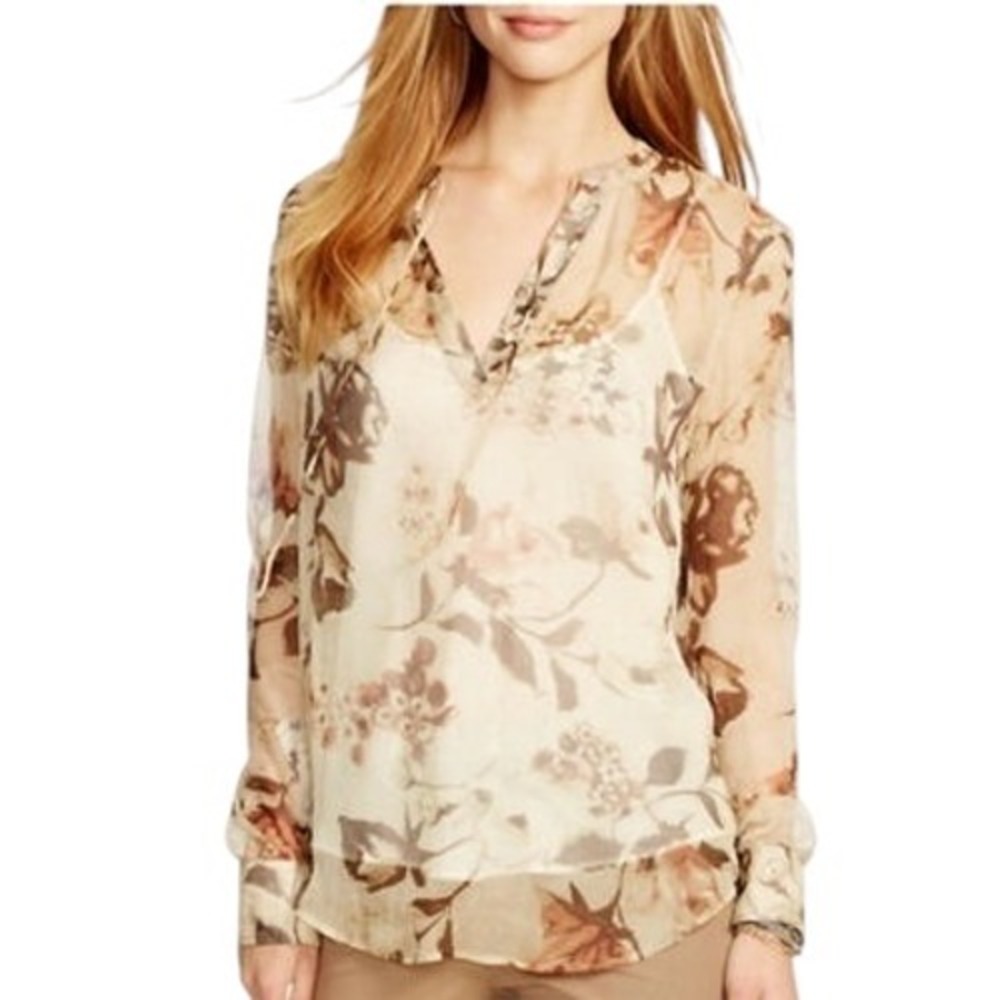 Lauren Ralph XL Floral V Neck Georgette Split neck Tunic Blouse Beige Brown Top